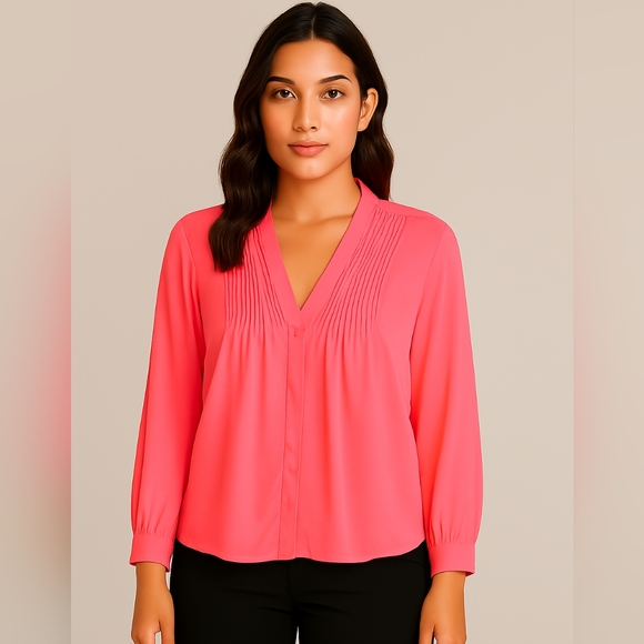❗$1 Bundled❗ARK & CO Neon Orange / Pink Pleated Sheer Flowy Sleeve Blouse - Picture 1 of 8